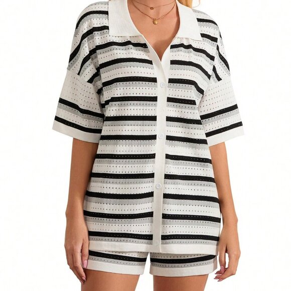 Black Casual Women's Stripe Contrast Button Crochet Knit Tops & Shorts Set - Picture 5 of 10